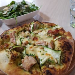 Dough Bros - Smoked chicken lunch pizette and arugula, pear, parmesan salad