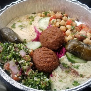 Med Mix - Veggie plate (falafel, dolmas, hummus, baba ganoush and tabouli) - Mediterranean Near Me - Seattle, Washington