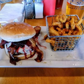 Hops Burger Bar - PB&J Burger with lemon pepper curly fries - Burgers Near Me - Greensboro, North Carolina