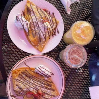 Crepes de Paris - Two crepes, one royal and one Nutella, French coffee and a pineapple smoothie I think - Breakfast & Brunch Near Me - Pasadena, California Crepes de Paris - Two crepes, one royal and one Nutella, French coffee and a pineapple smoothie I think - Breakfast & Brunch Near Me - Pasadena, California