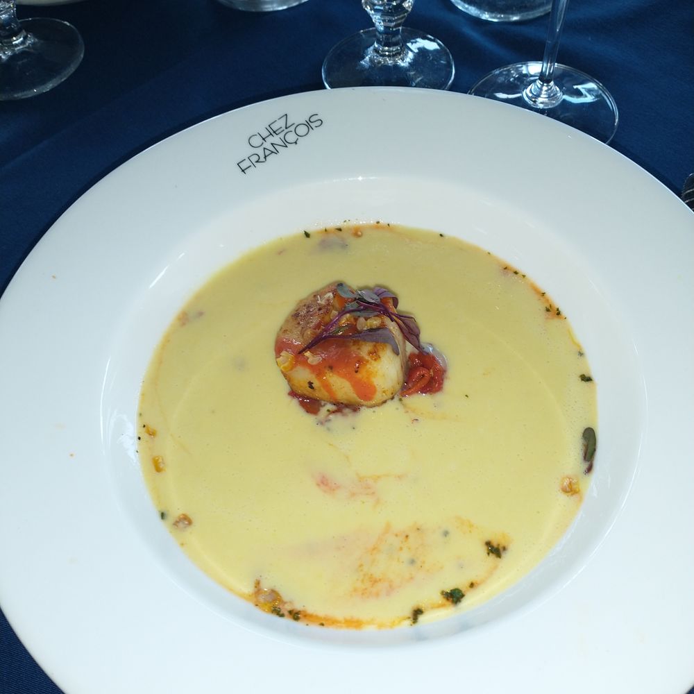 Chez Francois Restaurant - Corn Soup with Scallop - French Near Me - Vermilion, Ohio Chez Francois Restaurant - Corn Soup with Scallop - French Near Me - Vermilion, Ohio