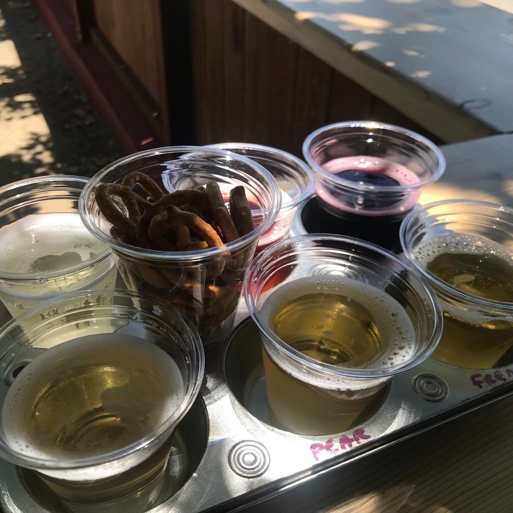 Julian Hard Cider - My flight, including some free pretzels. - Beer, Wine & Spirits Near Me - Julian, California