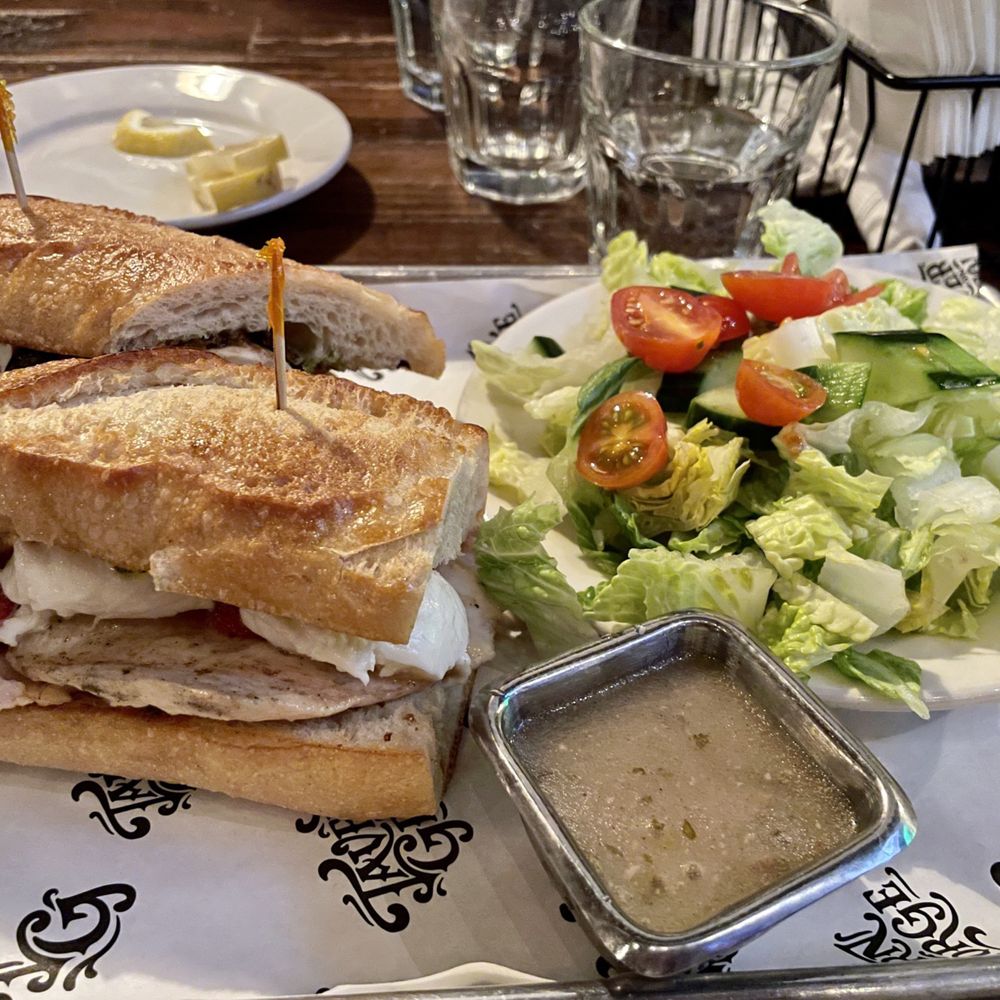 Tavern on George - Chicken Caprese Sandwich with Salad - Bars Near Me - New Brunswick, New Jersey Tavern on George - Chicken Caprese Sandwich with Salad - Bars Near Me - New Brunswick, New Jersey