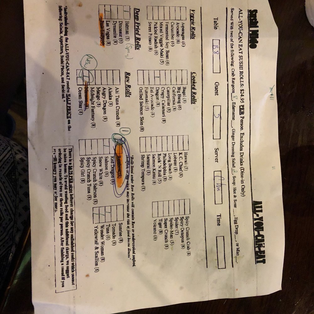 Sushi Mido - How you order you appys and sushi rolls. If you order another round, you just add to the sheet. All the rolls are on the AYCE price. - Japanese Near Me - Shawnee, Kansas Sushi Mido - How you order you appys and sushi rolls. If you order another round, you just add to the sheet. All the rolls are on the AYCE price. - Japanese Near Me - Shawnee, Kansas