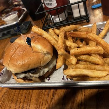 The Grumpy Monk - Bacon Mushroom Swiss and fries - Sushi Bars Near Me - North Myrtle Beach, South Carolina