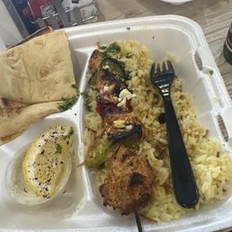 #1. chicken kabob plate with the fries and rice