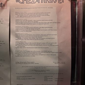 Chez Panisse - Downstairs menu for the week of July 21-26, 2025 at Chez Panisse - New American Near Me - Berkeley, California