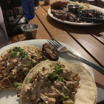 Sharkeys - Chicken tacos (foreground) and churrasco steak - American Near Me - Key Largo, Florida Sharkeys - Chicken tacos (foreground) and churrasco steak - American Near Me - Key Largo, Florida