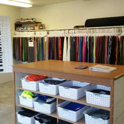 Outdoor Wilderness Fabrics - Showroom remnants in foreground, 1/3 yd samples of all fabrics currently in warehouse