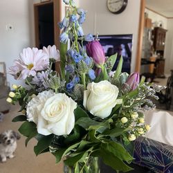Inspired By Nature - White and purple roses, daisies, blue bells, carnations