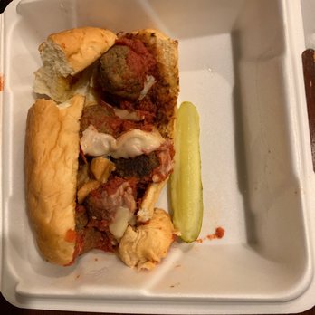 Juba Pizza Bar - This is the first meatball sub they sent out! You couldn't even pick it up cause it was completely soaked with pickle juice!! - Sports Bars Near Me - Bonham, Texas