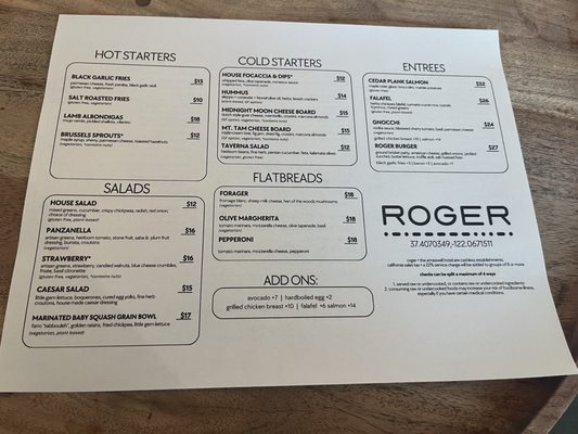 Menu photo 1 Roger Bar & Restaurant Mountain View, CA Menu photo 1 Roger Bar & Restaurant Mountain View, CA