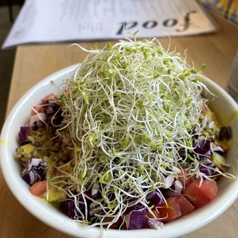 Active Culture - Veggie Bowl with organic brown rice, organic garbanzo beans, red cabbage, carrot, cucumber, red onion, tomato, sprouts, sunflower seeds, - Vegetarian Near Me - Novato, California Active Culture - Veggie Bowl with organic brown rice, organic garbanzo beans, red cabbage, carrot, cucumber, red onion, tomato, sprouts, sunflower seeds, - Vegetarian Near Me - Novato, California