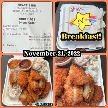 Grace's Inn - Chicken Katsu for Breakfast! Monday November 21, 2022 - Fast Food Near Me - Honolulu, Hawaii