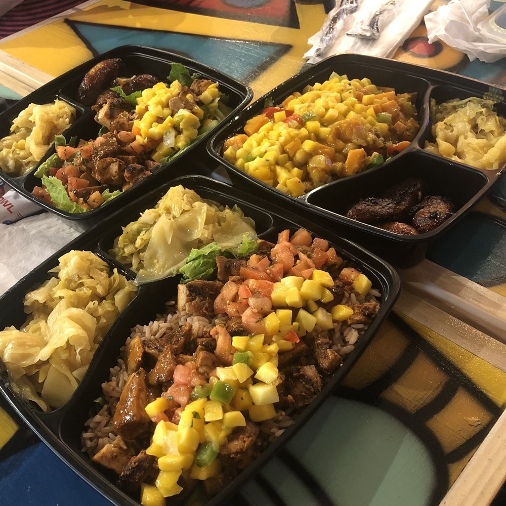 Royal boxes, two Jamaican jerk and one Buddha veg with mango. Very flavorful!! Royal boxes, two Jamaican jerk and one Buddha veg with mango. Very flavorful!!