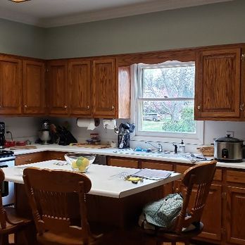 Restoration Paint Company - Oak cabinets repainted with added crown molding! - Painters Near Me Restoration Paint Company - Oak cabinets repainted with added crown molding! - Painters Near Me