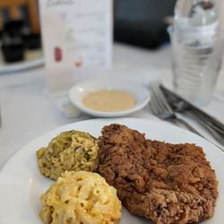 The Swanson - Country fried steak with Mac and cheese and broccoli casserole