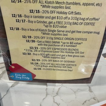 Klatch Coffee - 2022 Holiday daily Specials - Coffee & Tea Near Me - Rancho Cucamonga, California