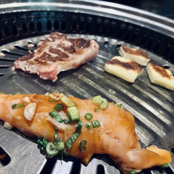 Master Kim's Korean BBQ - Front: Teriyaki chicken. Left rear: New York steak. Right rear: Grilling cheese. - Korean Near Me - Las Vegas, Nevada
