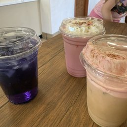 Cherry horchata , strawberry milk and blue lotus energy drink.