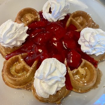 Medford Cafe - Belgian waffle with strawberries and cream (took the pic after the cream was added) - Cafes Near Me - Medford, Wisconsin Medford Cafe - Belgian waffle with strawberries and cream (took the pic after the cream was added) - Cafes Near Me - Medford, Wisconsin