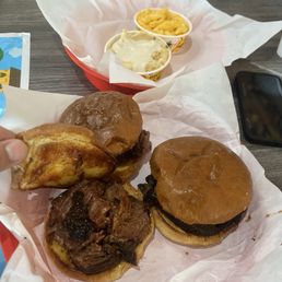 Brisket burnt ends sandwich, mac & cheese and mashed potatoes Brisket burnt ends sandwich, mac & cheese and mashed potatoes