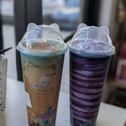 Egg pudding milk tea and taro tea tornado