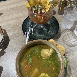 Chicken and beef soup (sopa de pollo y res) --pre Venezuela than Colombian. Plus mixed seafood ceviche dish - sweet flavor rather than lime. Chicken and beef soup (sopa de pollo y res) --pre Venezuela than Colombian. Plus mixed seafood ceviche dish - sweet flavor rather than lime.