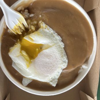 Rainbow Drive-In - Saving grace of loco moco bowl... nicely cooked overeasy egg. - Hawaiian Near Me - Honolulu, Hawaii