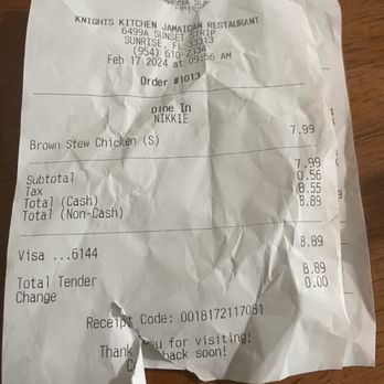 Knight’s Kitchen Jamaican Restaurant - Receipt - Caribbean Near Me - Sunrise, Florida Knight’s Kitchen Jamaican Restaurant - Receipt - Caribbean Near Me - Sunrise, Florida