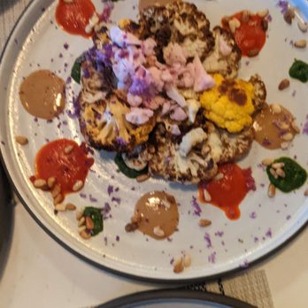 Bramble - Roasted cauliflower (sorry it's blurry) with harissa, pine nut butter and basil blend - Pizza Near Me - Essex, Vermont