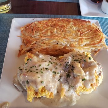 Brunch - Biscuits and gravy with hashbrowns.  I asked for scrambled instead of poached eggs.  Lots of food! - Breakfast & Brunch Near Me - Brookfield, Wisconsin