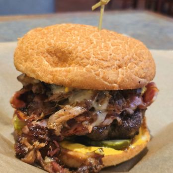 Laguna Grill - Cubano Cheeseburger - 6 oz. patty, sliced ham, pickles, yellow mustard, and smoked pork. - Burgers Near Me - San Luis Obispo, California