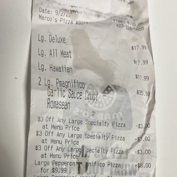 Marco's Pizza - Receipt from 1st order - Pizza Near Me - Johnson City, Tennessee Marco's Pizza - Receipt from 1st order - Pizza Near Me - Johnson City, Tennessee