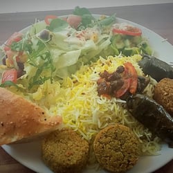 Shirin - "Bahaar Teller" mit 3 Falafel, 2 gefüllten Weinblättern, Safranreis, Salat mit Joghurtdressing und Fladenbrot