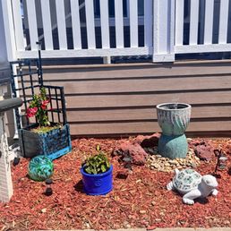 Gazing Globe, 2 flower pots turned into fountain and Turtle, all found at Home Goods.