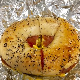 Bagel special Taylor Ham , Egg n Cheese on an everything bagel