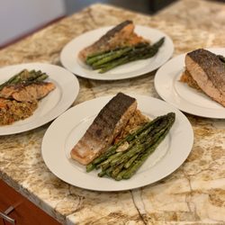 Chef Sean Fahey - cauliflower fried rice, grilled asparagus, and grilled Salmon.