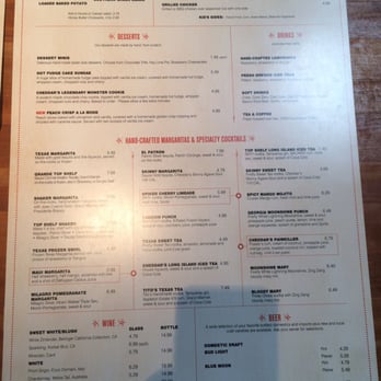 Cheddar's Scratch Kitchen - Back side of menu. - Comfort Food Near Me - Camden, Delaware