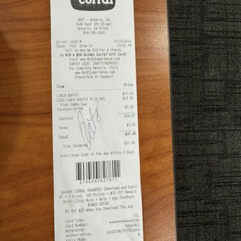 Golden Corral Buffet & Grill - Our meal receipt and price. - American Near Me - Ontario, California Golden Corral Buffet & Grill - Our meal receipt and price. - American Near Me - Ontario, California