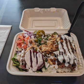 Hummus Way - Bowl with chicken and loaded on the toppings with different kinds of hummus and sauces - Mediterranean Near Me - Orange, California Hummus Way - Bowl with chicken and loaded on the toppings with different kinds of hummus and sauces - Mediterranean Near Me - Orange, California