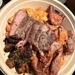 Quality Greens Kitchen - Herb Marinated Steak Mac and Cheese Roasted Sweet Potato Maple-Sriracha Brussels Sprouts