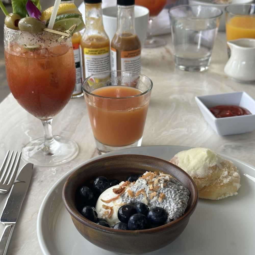 Ka'ana Kitchen - Bloody Mary, pineapple lilikoi orange guava juice, chia pudding, buttered roll - Asian Fusion Near Me - Wailea, Hawaii