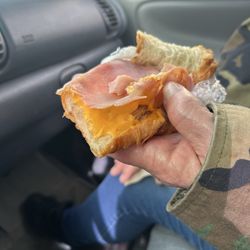 Pdq Food Mart - Breakfast sandwich, croissant, ham, cheddar cheese? Velveeta cheese?