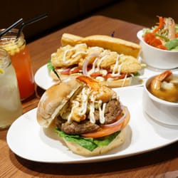 Holy Crab Bar & Restaurant - Lunch sets: Shrimp pol boy & Surf n' turf burger.