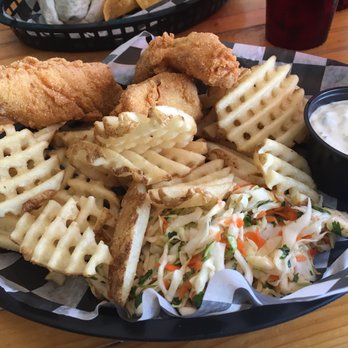 Food Dudes Kitchen - Cornmeal fried mahi mahi with waffle fries and chili lime slaw! - Seafood Near Me - Kill Devil Hills, North Carolina Food Dudes Kitchen - Cornmeal fried mahi mahi with waffle fries and chili lime slaw! - Seafood Near Me - Kill Devil Hills, North Carolina