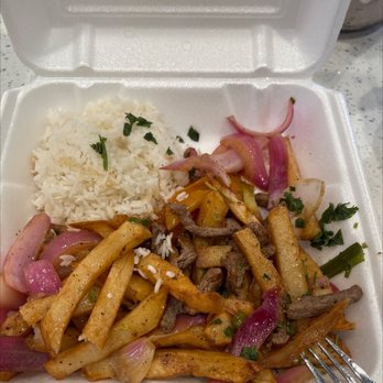 The Best Ceviche - Lomo Saltado Plate very little beef and this plate was $20 - Peruvian Near Me - Lancaster, California