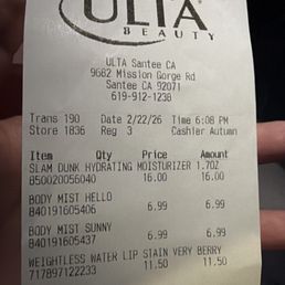 This photo shows that Autumn was the cashier on 2/22/26.