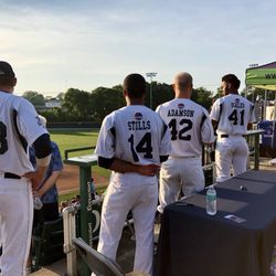 Worcester Bravehearts - Players stand for the anthem at the pre-game autograph table