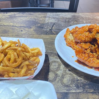 Choong Man Chicken - Garlic Spicy Chicken and Curly Fries, yum! - Korean Near Me - Duluth, Georgia